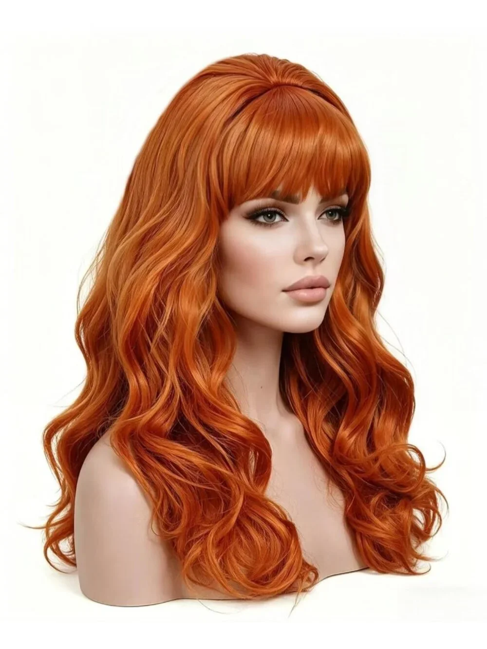 Women's Orange Heat Resistant Synthetic Fiber Retro Long Wavy Wigs Bangs